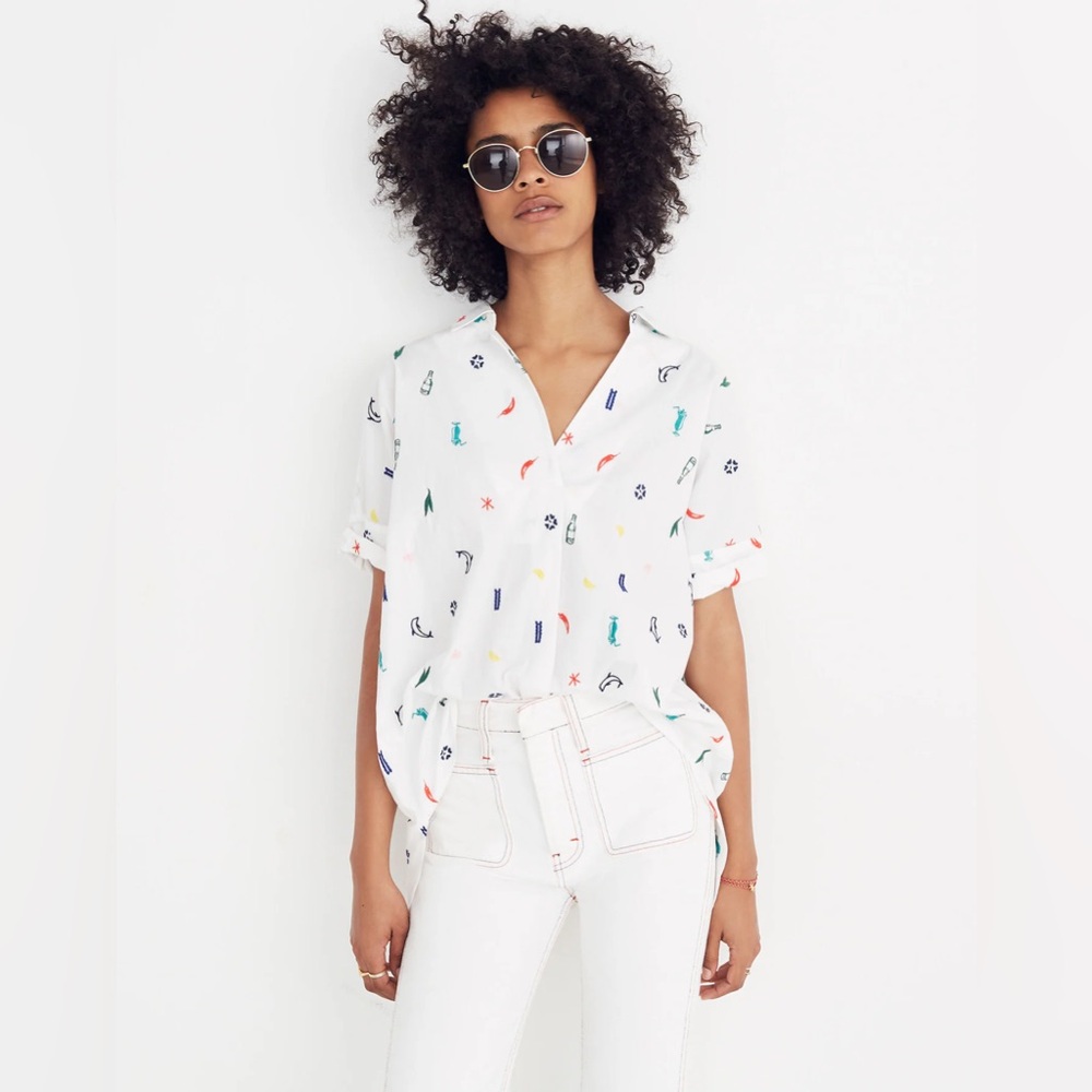 MADEWELL Summer Friday Embroidered Courier Button-Back Shirt Sz XXS